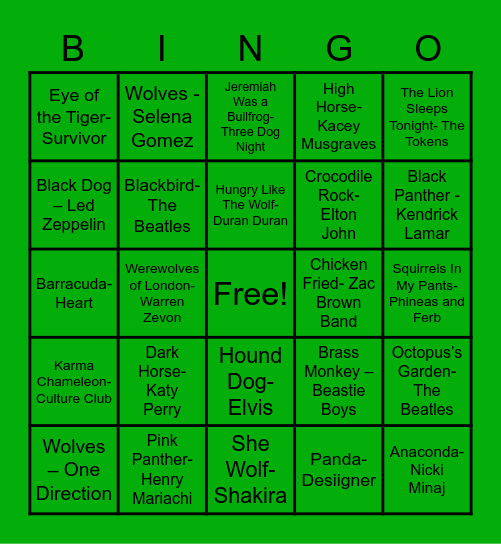 Sing-O Round 4 (Animals) Bingo Card