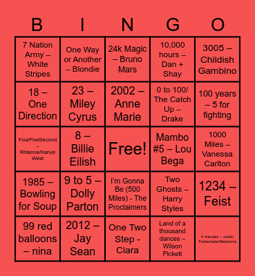 Sing-O Round 5 (Numbers) Bingo Card