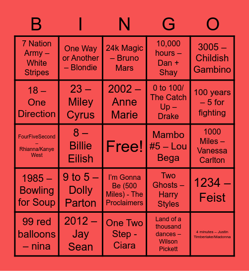 Sing-O Round 5 (Numbers) Bingo Card