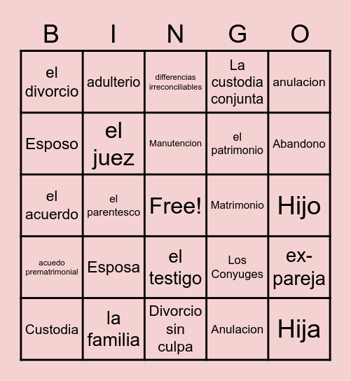 Family Law- Spanish Legal Terms Bingo Card