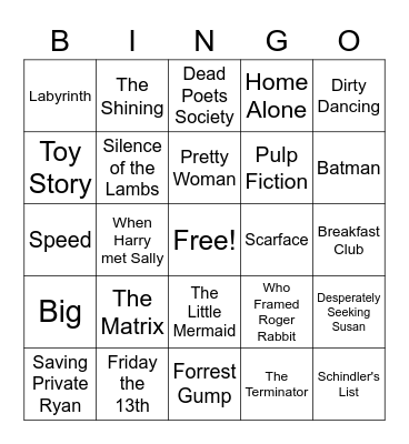 80s/90s movies Bingo Card