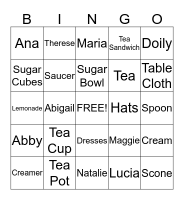 Maggie's Birthday Tea Party Bingo Card