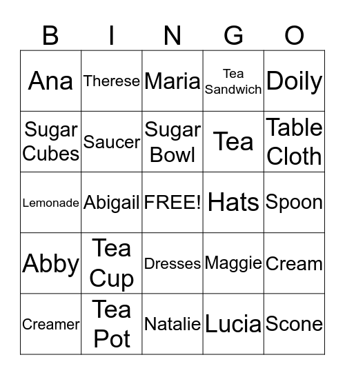 Maggie's Birthday Tea Party Bingo Card