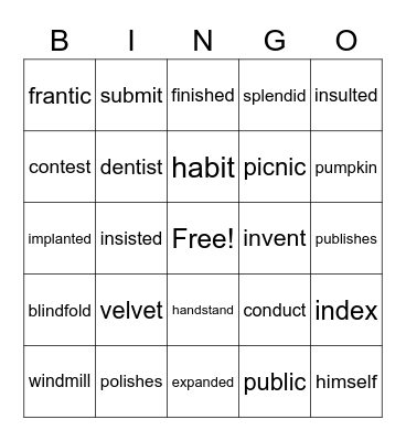 Multisyllable Closed Words Bingo Card