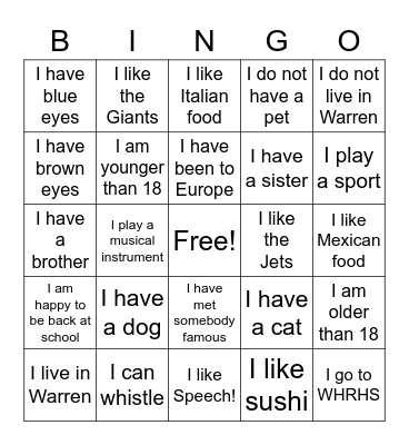 Back to School Bingo Card