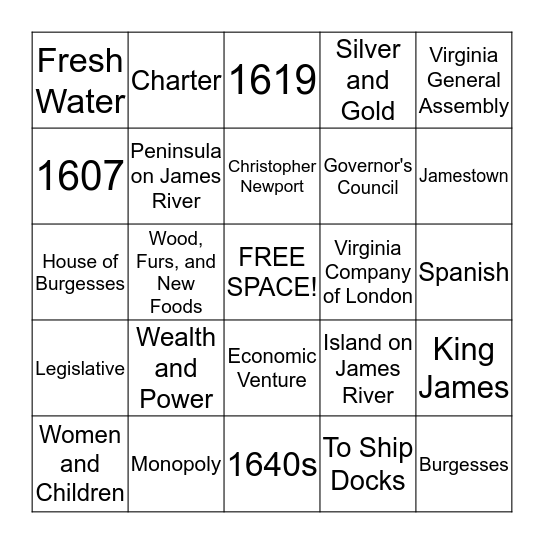 Jamestown and Virginia's New Government Bingo Card