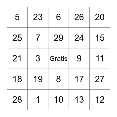 Numeros 1-31 Bingo Card