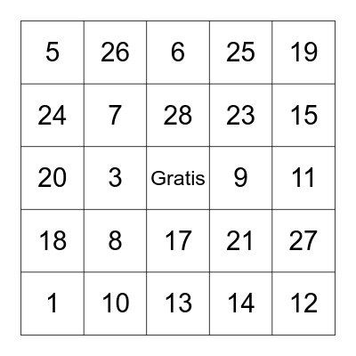 Numeros 1-31 Bingo Card