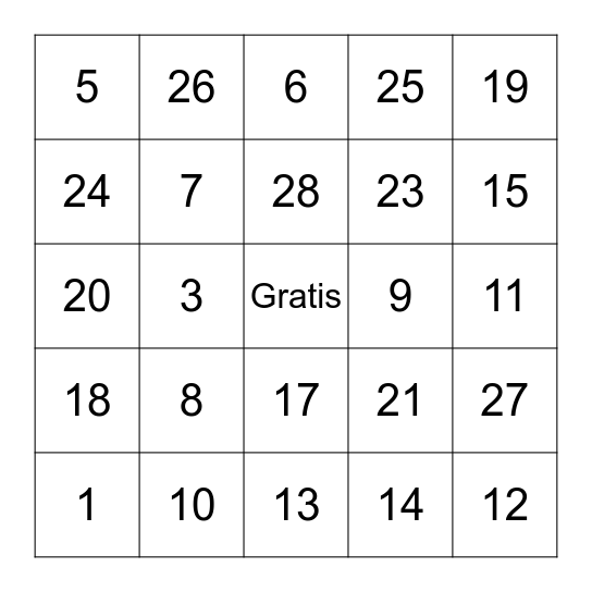 Numeros 1-31 Bingo Card