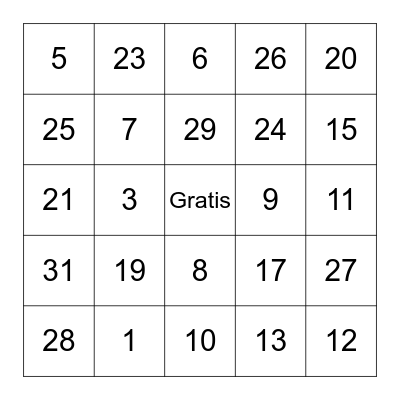 Numeros 1-31 Bingo Card