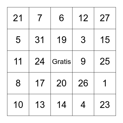 Numeros 1-31 Bingo Card