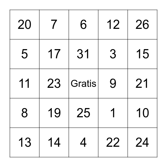 Numeros 1-31 Bingo Card