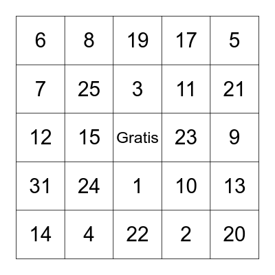 Numeros 1-31 Bingo Card