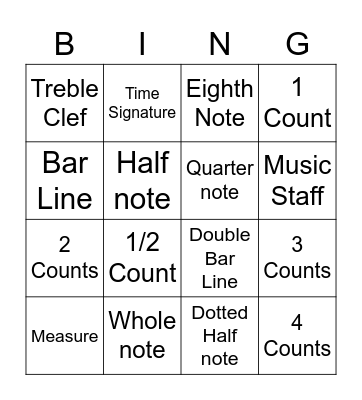 6th Grade Choir Bingo Card