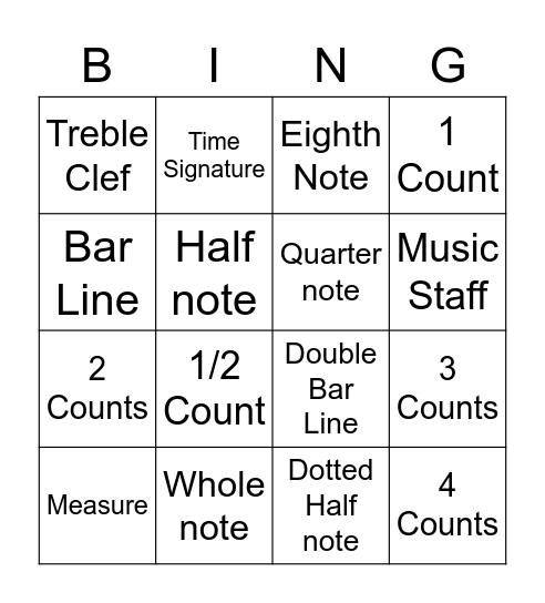 6th Grade Choir Bingo Card