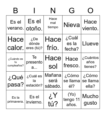 Saludos, Fechas y Estaciones Bingo Card