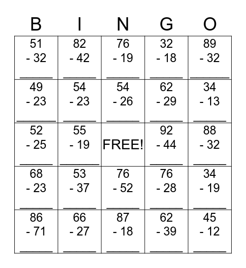 Two Digit Subtraction BINGO! Bingo Card