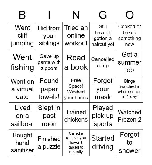 Quarantine Bingo Card