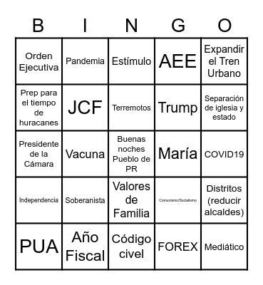 DEBATE PR 2020 SEPT Bingo Card