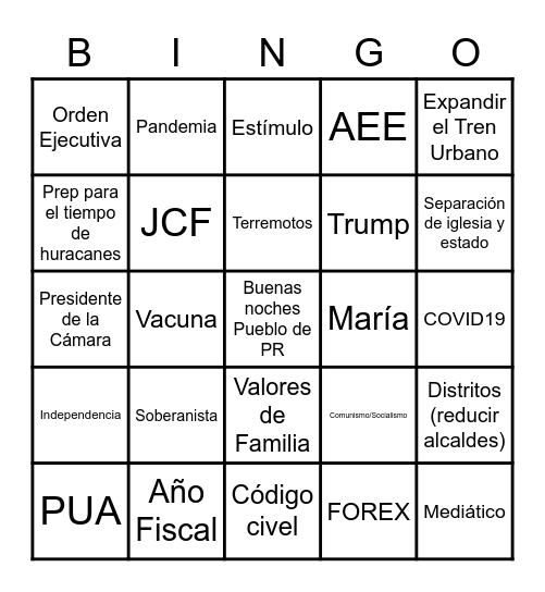 DEBATE PR 2020 SEPT Bingo Card