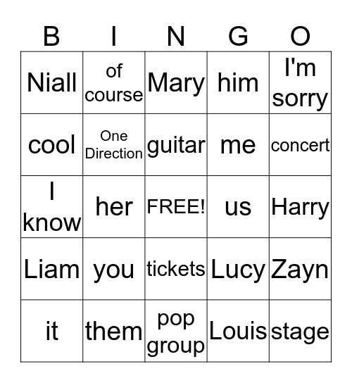 Meeting One Direction Bingo Card