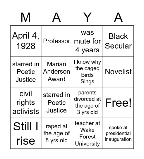 Maya Angelou Bingo Card