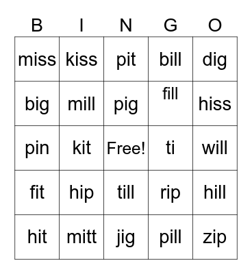 short i words Bingo Card