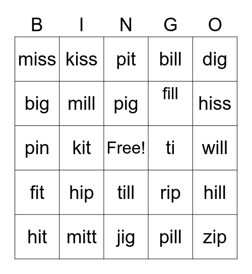short i words Bingo Card