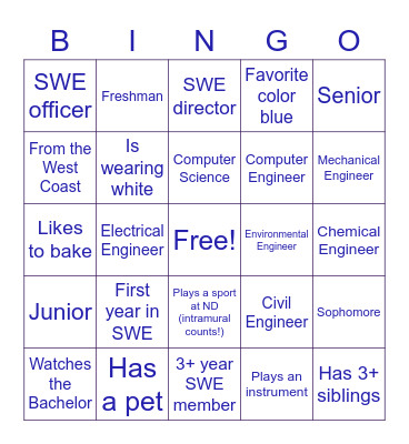 SWE get-to-know-you BINGO Card