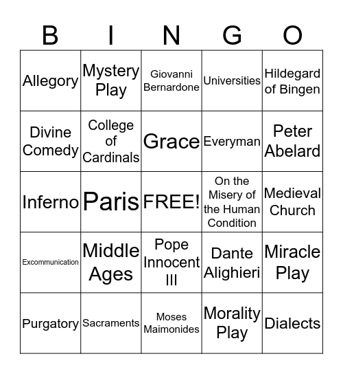 Ch. 12: Christianity and the Medieval Mind  Bingo Card