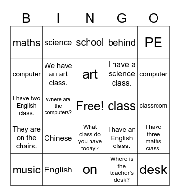 What class do you have today? Bingo Card