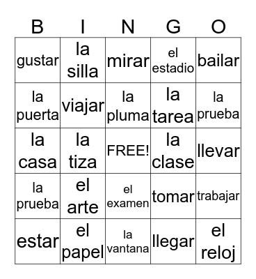 spanish Vocabulary  Bingo Card