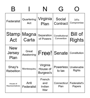 Unit 2 Test Review Game Bingo Card