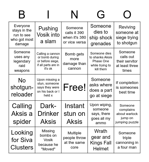 Wrath Bingo Card
