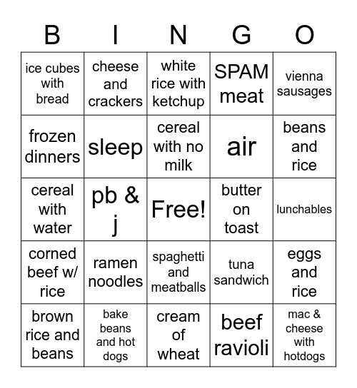 Hood Bingo - Struggle Meals Bingo Card