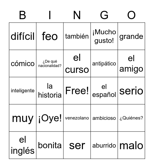 Spanish 1:  Chapter 1 Vocabulary Bingo Sheet #2 Bingo Card