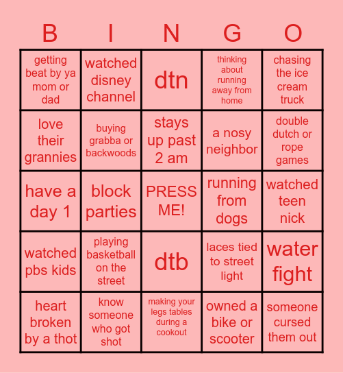 Hood Bingo- Random Bingo Card
