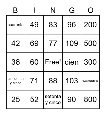Números del 25-800 Bingo Card