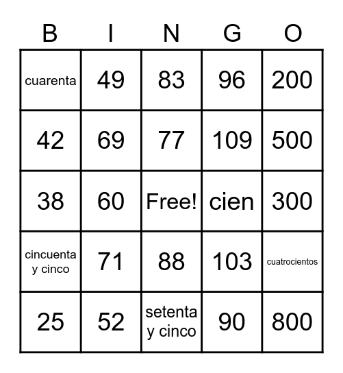 Números del 25-800 Bingo Card