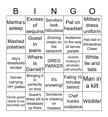 Bracebridge Dinner Fail: Stage Manager Bingo Card