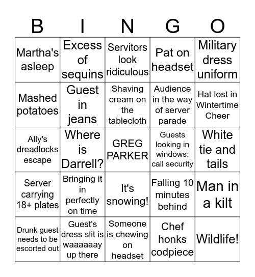 Bracebridge Dinner Fail: Stage Manager Bingo Card