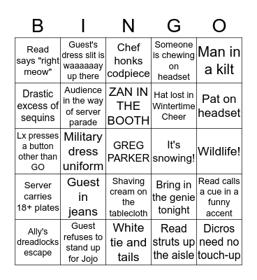 Bracebridge Dinner Fail Bingo--Lighting Booth Bingo Card