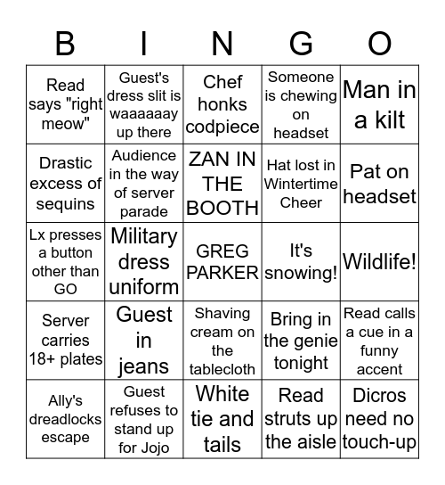 Bracebridge Dinner Fail Bingo--Lighting Booth Bingo Card