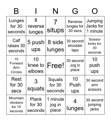 Fitness Bingo Card
