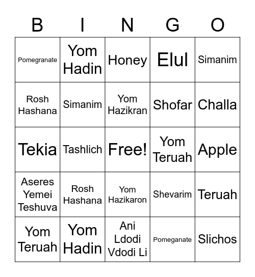 Rosh Hashana Bingo Card