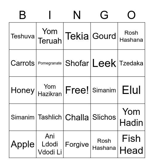 Rosh Hashana Bingo Card