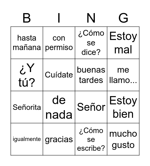 Spanish Common Phrases Bingo Card