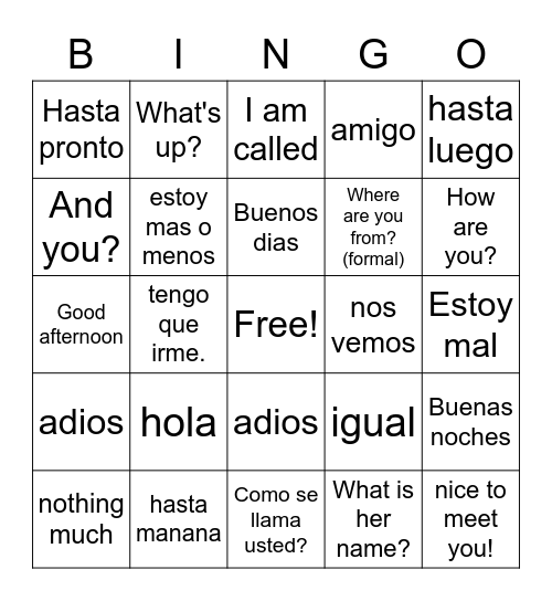 Saludos, Despididas, and Preguntas Basicas Bingo Card