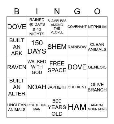 Noah's Ark Bingo Card