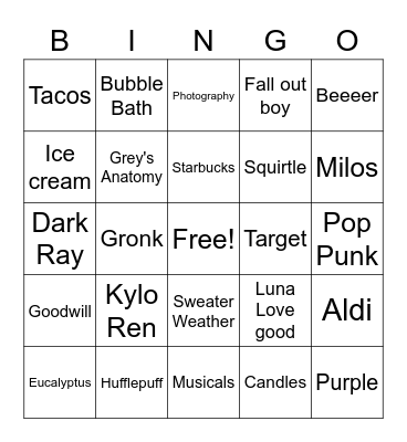 Brianna's bday Bingo Card